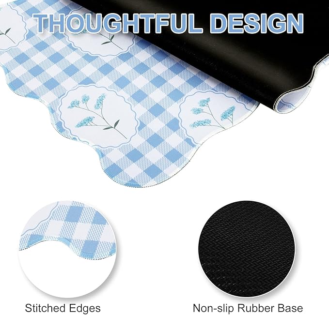L-SPOUTTO Blue Mouse Pad,Checkered Floral Desk Mat XXL Large Scalloped Cottagecore Gaming Mousepad,35.4x15.7in Non-Slip Rustic Keyboard Pad Desktop Mat for Laptop Computer Game Home Office
