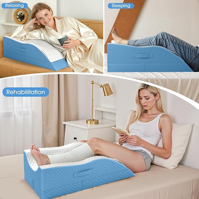 TranquilRelax Elevation Pillows for Leg After Surgery, Memory Foam Adjustable Wedge Pillow for Injury or Rest, Ankle Pillow for Sleeping Blood Circulation, Light Blue/Double Leg