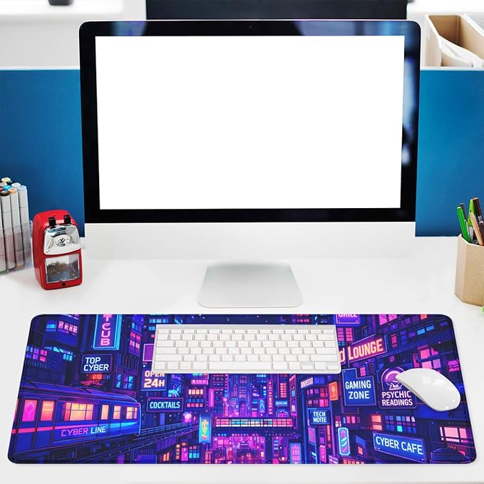 Cyber City Mouse Pad Neon Gaming Night Gaming Mouse Mat with Stitched Edges,Non-Slip Waterproof Rubber Base Mous Mat Office Computer Keyboard Laptop 31.5"x11.8"