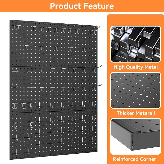 WALMANN 96 PCS Metal Pegboard with Pegboard Hooks for Wall, Garage Tools Storage Pegboard for Garage, Workbench, Peg Boards, Tool Organizer Board with Hooks(Black)