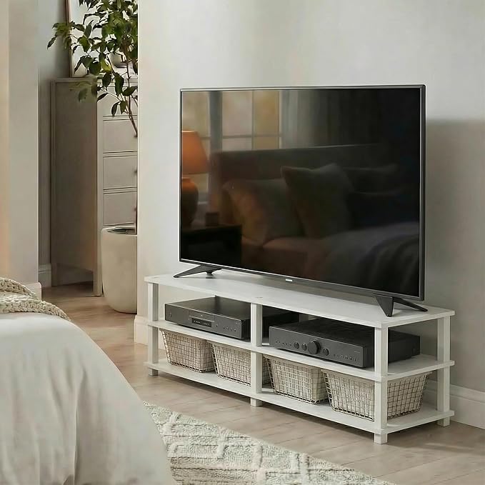 Furinno Turn-S-Tube Toolless Assembly 3-Tier TV Stand, Entertainment Center for TV up to 55 Inch, Wide Printer Stand with Storage Shelf, for Living Room, Bedroom, White