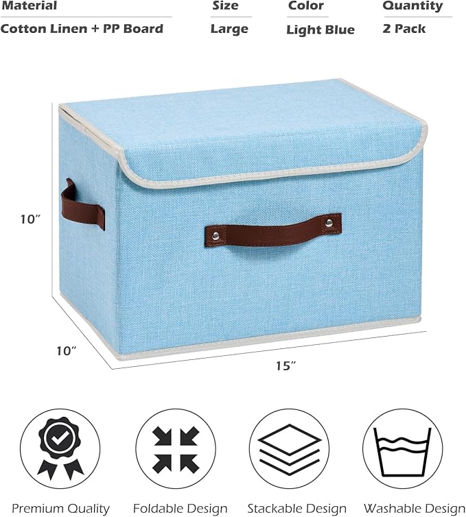 2PCS Storage Boxes with Lid Cotton Linen Fabric Storage Bins Organizer Container Decorative Collapsible Washable Shelf Closet Baskets Faux Leather Handles Home Bedroom (Light Blue, Large)