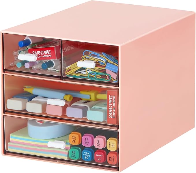 LETURE Desk Organizer with 4 Drawers, Clear Plastic Desk Storage Box, Desktop Organization for Office Supplies, Gel Pens, Pencils, Markers, Tape, Erasers, Paperclips, Chargers (Pink w 4Draws)