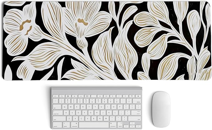 Black Beige Floral Mouse Pad,Vintage Botanical Desk Mat,Medieval Aesthetic Neutral Flower Large Mousepad for Home Office Dorm Desktop Decor,31.5x11.8 Inch