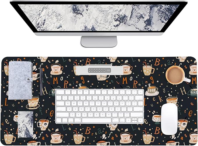 AUPET Leather Large Mouse Pad Desk Blotters – 35 x 17in Cute Desk Mat with PU Surface, Non-Slip Desk Pad Protector,Waterproof Desk Writing Pad for Office Home (Morning Coffee)