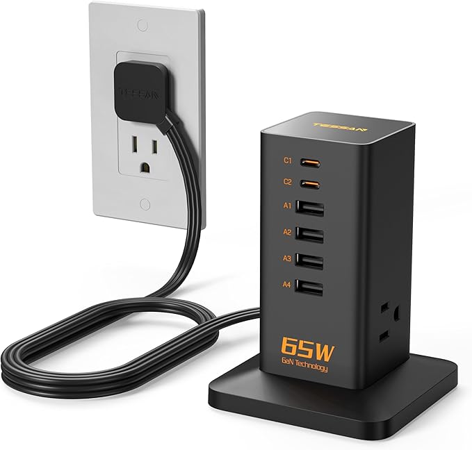Charging Station for Multiple Devices, TESSAN 9-in-1 USB C Power Strip for iPhone 17/16/15, MacBook, Tablet, Desktop Phone Fast Charger with 3 AC, USB Charger, Home Drom Office Accessories, Black-65W