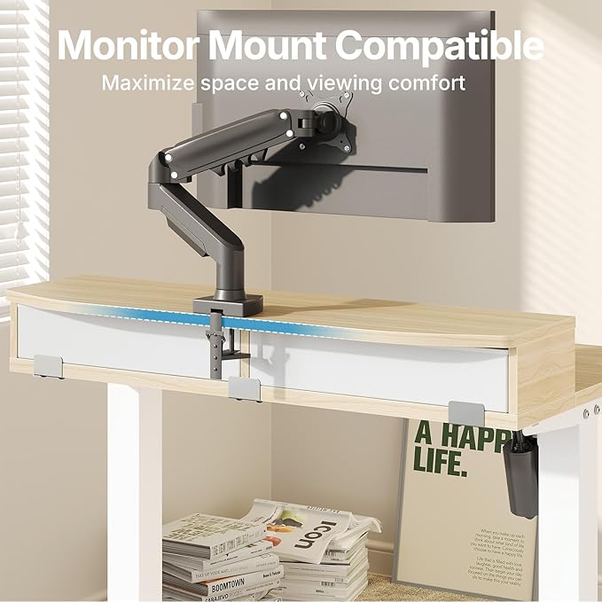 HUANUO 32 x 21 inch Small Electric Standing Desk with 2 Drawers, C-Clamp Mount Compatible, Height Adjustable Sit Stand Desk, Home Office Stand Up Desk with 4 Memory Height Settings, Light Walnut