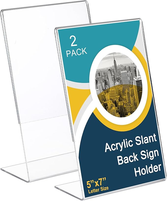 Sanwuta 2 Pcs 5 x 7 Inch Acrylic Sign Holder, Slant Sign Display Stand, Transparent Flyer Holder Frame Plastic Document Display for Workers Teachers Office Home Menu Desktop