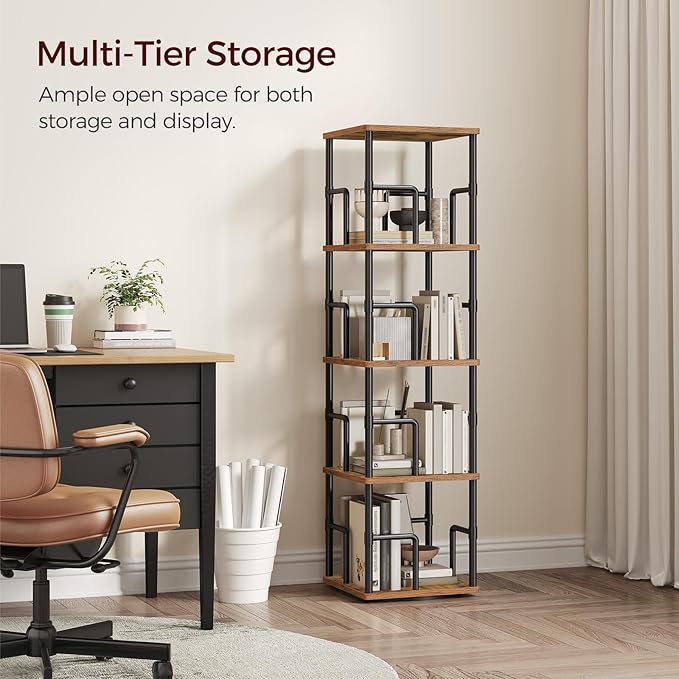 MAHANCRIS 4-Tier Rotating Bookshelf, Freestanding Corner Bookshelf, 360° Spinning Bookcase, Industrial Style Storage Rack with Rails, for Living Room, Bedroom, Study, Rustic Brown and Black BKHR1501