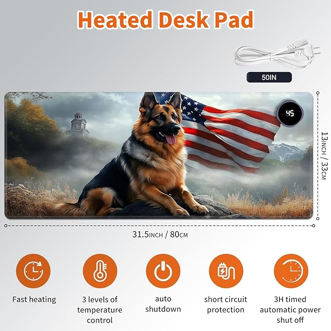 Heated Mouse Pad,Warm Desk Pad with 3 Levels Heating & 3 Hours Auto Shut-Off, PU Leather Heated Desk Pad Warmer Pad for Home Office - 31.5 x 13 inch,German Shepherd Flag