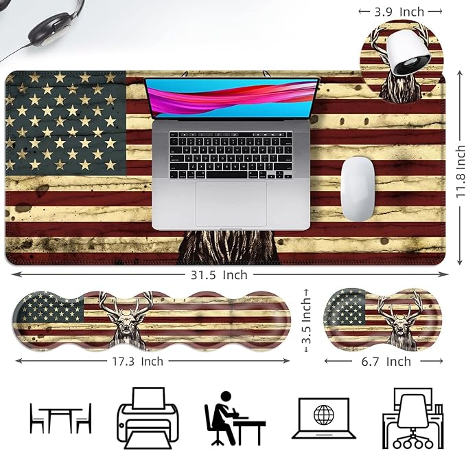 Ergonomic Mouse Pad Set with Wrist Support for Keyboard and Wrist Rest for Mouse, Memory Foam Comfort, Non-Slip Large Desk Mat for Home Office Pain Relief,Camo Deer American Flag Design
