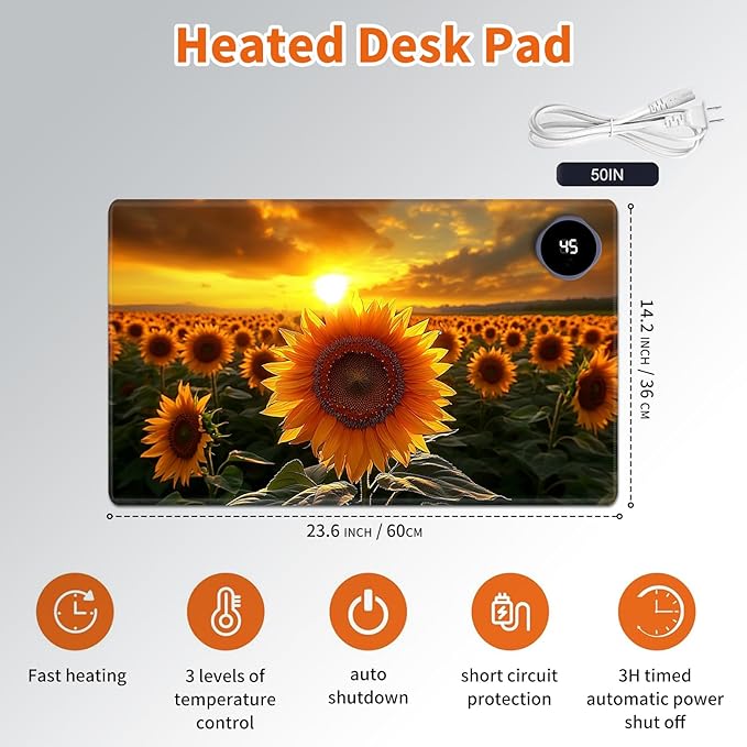 Heated Mouse Pad,Warm Desk Pad with 3 Levels Heating & 3 Hours Auto Shut-Off, PU Leather Heated Desk Pad Warmer Pad for Home Office - 23.6 x 14.2 inch,Sunflower Clusters