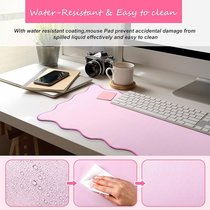 Hahafelt Scalloped Desk Mat Large Desk Pad Cute Coquette Table Mat Aesthetic Preppy Table Make up Pad Nonslip 2026 Graduation Gift with Stitching Waterproof Gaming(Pink,31.5 x 15.8 Inches)