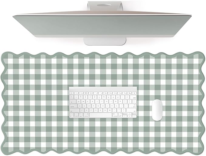 Scalloped‌ Sage Green Checkered Desk Mat Cute Pastel Large Gaming Mouse Pad Gingham Kawaii Cottagecore ‌Vintage‌ Girly Keyboard Computer Mat Aesthetic Desk Pad Accessories Office Decor for Women