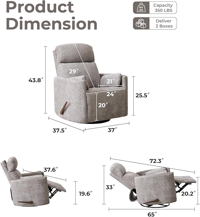 Oversized Swivel Rocker Recliner with Massage and Heat, Rocker Nursery Recliner for Adults with Adjustable Headrest, 26" Extra Wide Nursery Chair with 2 Pillows, Light Grey