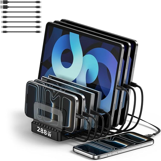 288W Multi Usb Charging Station, 8-Port charging station for multiple devices with Adjustable Dividers & 10 Cables,Multi-Purpose Desktop and wall Fast Charger, for iPhone, iPad, Android,Tablets & More