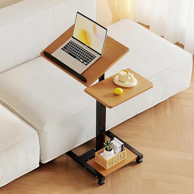 LINGMI Mobile Height Adjustable Laptop Desk with Mouse Pad, Portable Laptop Desk Rolling Tiltable Table with Small Side Table for Couch,Rolling Computer Stand