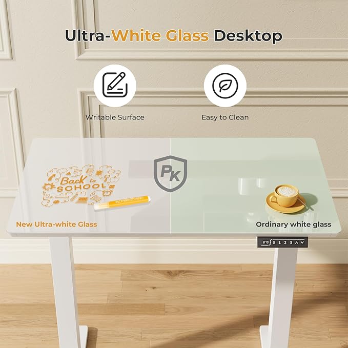 JOY worker Small Glass Standing Desk, 35" x 20" Electric Whole Piece Height Adjustable Desk with 4 Lockable Casters, Mobile White Sit to Stand Workstation for Home Office
