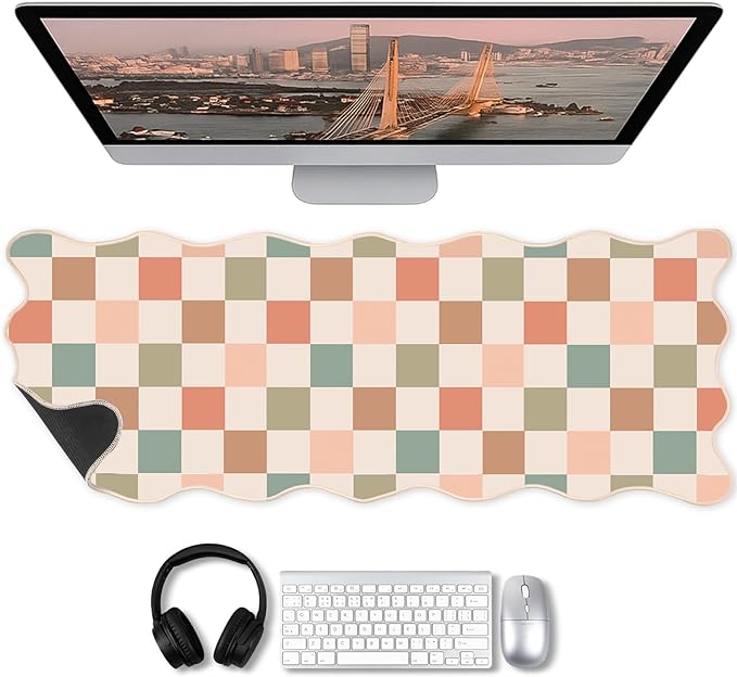 Copkim 1 Pcs Boho Scalloped Checkered Desk Mat 31.5 x 11.8 Inch Large Cute Mouse Pad Computer Mat Non Slip Waterproof Rubber Base with Border Stitching Soft Keyboard Pad for Home Office Gaming Makeup