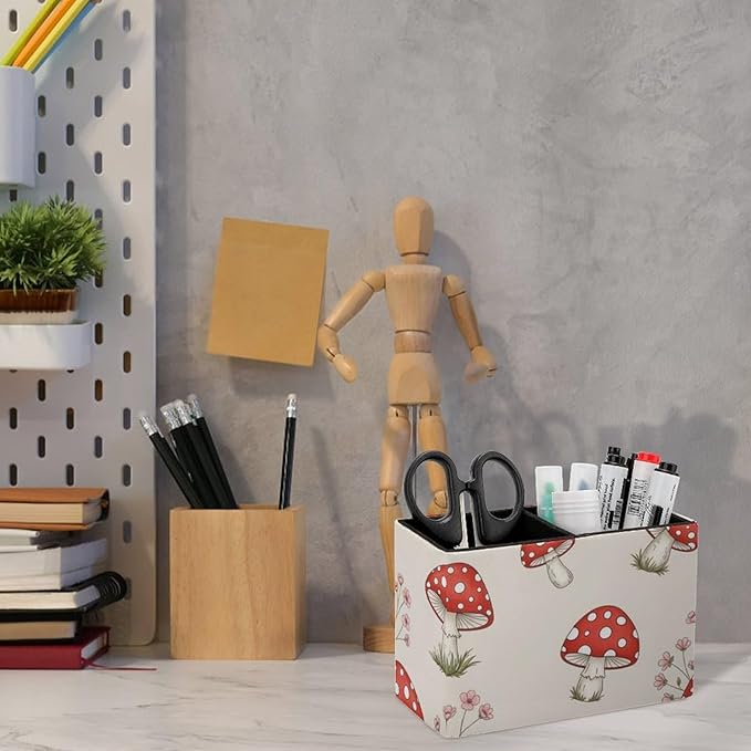 Multi-Functional PU Leather Pencil Holder Floral Red Mushroom, Practical and Stylish Design