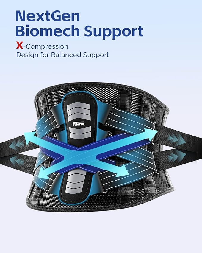 FEATOL Back Brace for Lower Back Pain Women Men, Removable Dual-Side Spine Lumbar Pad with Snug Fit, Adjustable Support Belt for Work, Gray, Size XL 39-45"