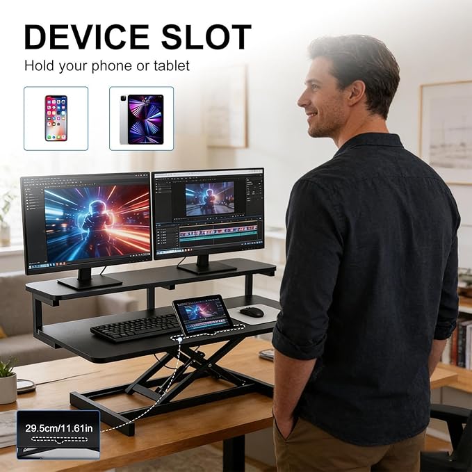 Ergonomic Desk Riser for Standing Height Adjustable Standing Desk Converter 10.2-24.8" 33 Lbs Capacity U-Shapeds Top & Keyboard Tray for Home Office Black