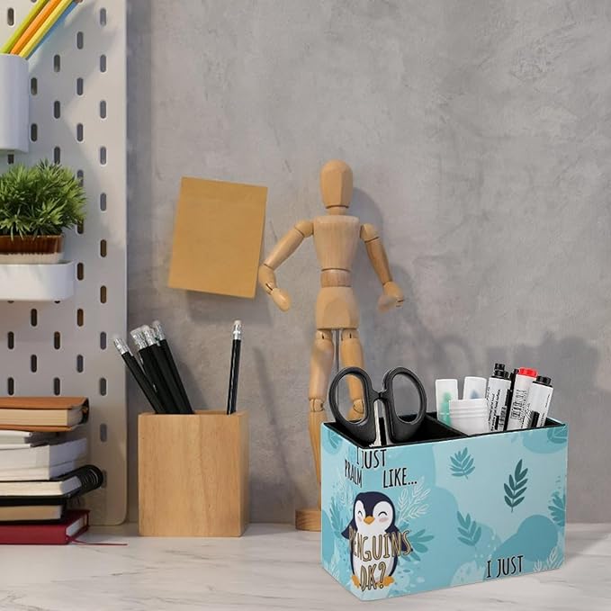 Decorative PU Leather Pen Holder Cute Penguin, Add Charm to Your Workspace