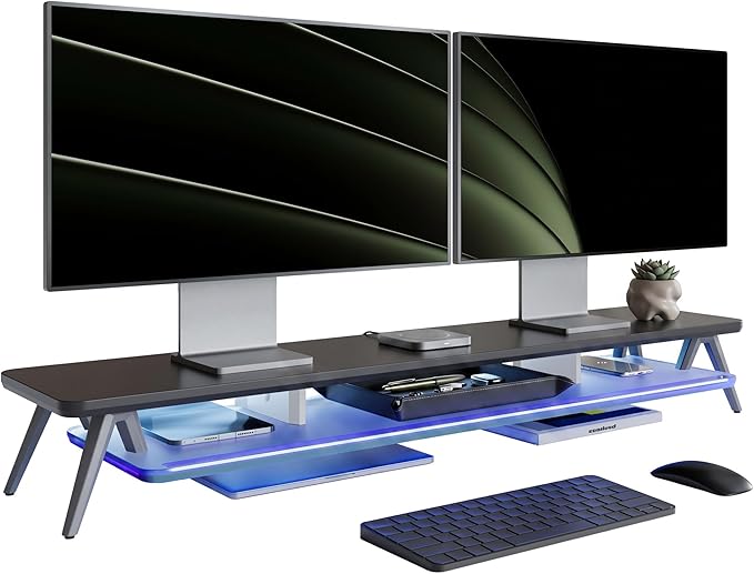 Fenge Dual Monitor Stand with 8-Mode LED Lights, 5.7" H Computer Monitor Riser with Acrylic Shelf & Aluminum Legs, Stable Desk Shelf Organizer for Computer Laptop Home Office & Gaming, Black