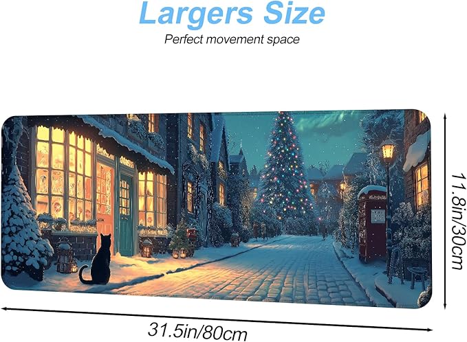 Christmas Winter Village Mouse Pad – 31.5" x 11.8" Large Extended Desk Mat with Black Cat and Christmas Tree Scene – Cozy Holiday Design, Non-Slip Base, Smooth Surface for Home & Office