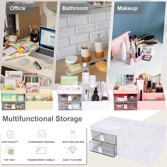 Meiikun Desk Organizer, Makeup Organizer with 2 Drawer, 7 Compartment & a Top Tray, Desktop Organizers and Storage for Women, Cute Home organization Bathroom, 11" x 5.7" x 4.7" (White)