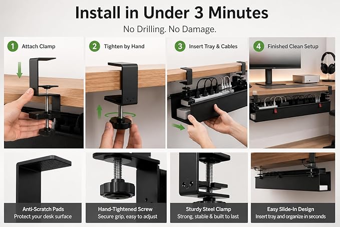 Extra Large 90CM Under Desk Cable Management Tray, No Drill Clamp Mount Cord Organizer, Fabric Cable Management Basket for Standing Desk, Office & Gaming Desk Wire Management