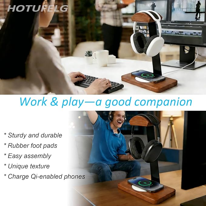 Solid Wooden Headphone Holder with Fast Wireless Charging Pad, Universal Headset Stand for Gaming Desk, Headphone Rack Compatible with Airpods Max,Bose,Razer,AKG Equipment Accessories for Walnut Desk