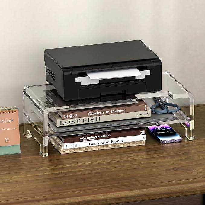 Acrylic Monitor Stand Riser 16'' 2-Tier Acrylic Laptop Stand Clear Computer Stand Laptop Riser with Storage Desk Organizer Accessories for Home and Office