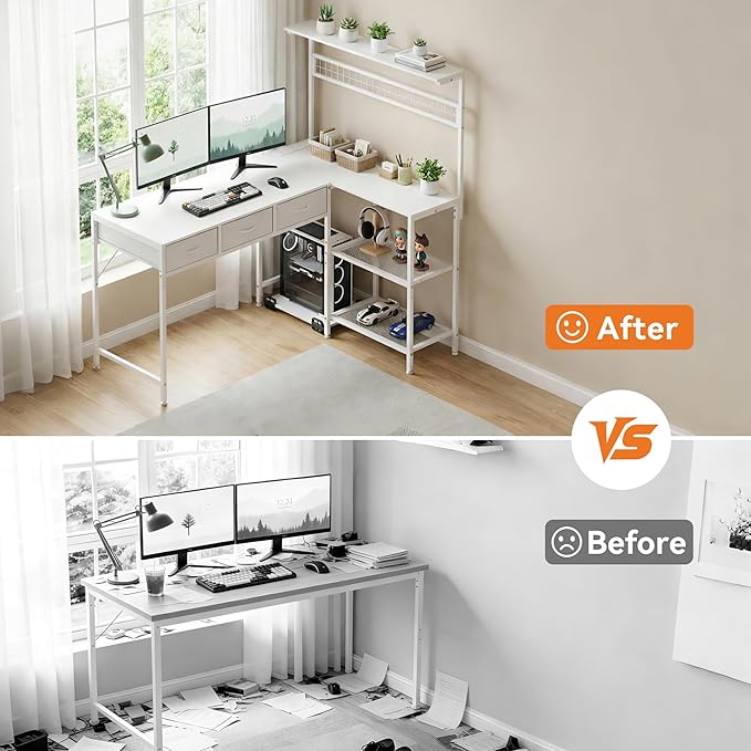Garvee Computer Desk with 3 Fabric Drawers, 50.4 in l-Desk Display Shelves with Led Light & Power Outlet, PC Table Workstation for Home Office, Gaming Desk for Small Spaces, White