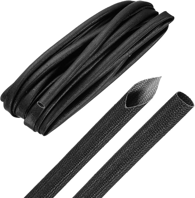 MECCANIXITY 20ft Braided Cable Sleeve, 3/8" ID 200C Heat Resistant 1500V Fiberglass Wire Insulation Cord Protector Organizer Wires Management for Motor Engine Fuel Line, Black