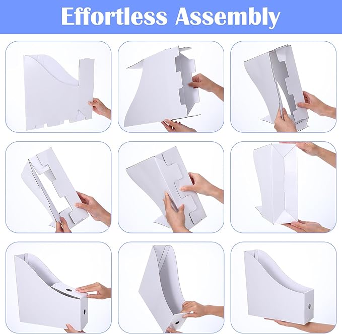 25-Pack White Cardboard Magazine File Holders, 10.2" L x 3.5" W x 10.6" H Large-Capacity Document Organizer Boxes, Foldable Book Bins for Shelves, Office or Home Use with 25 Bonus Labels