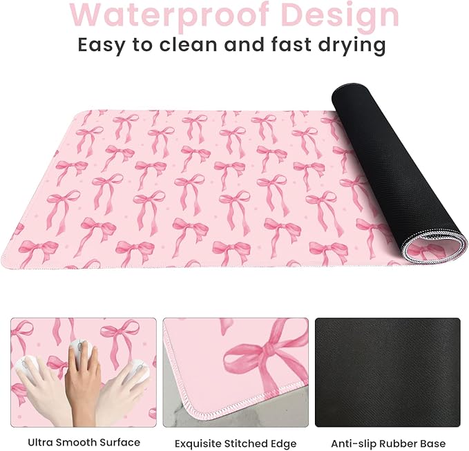 Pink Desk Mat with Bows, Cute Mouse Pad for Computer Laptop PC Non-Slip Rubber Base Gaming Keyboard Pad, Large Office Mat Girly Décor Office Supplies Desk Accessories for Teen Girls Women 31.5 x 15.7
