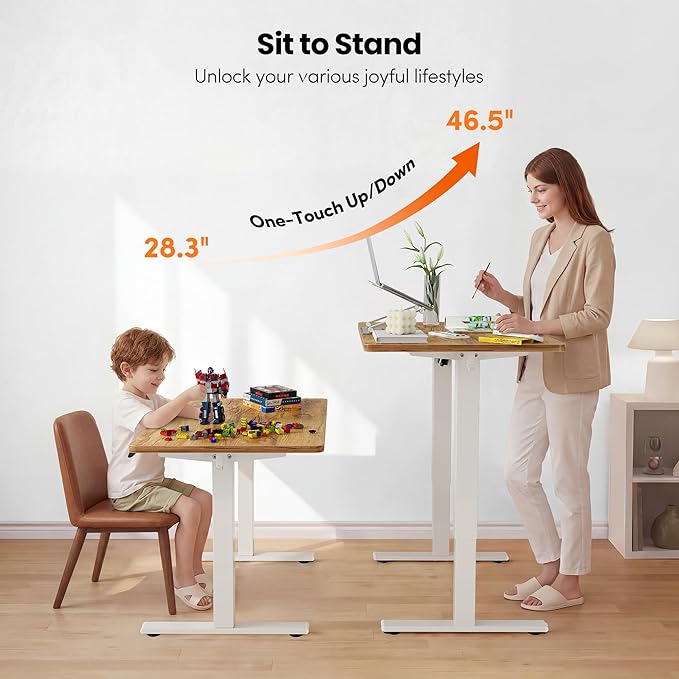 FEZIBO One-Piece Standing Desk, 48"x24" Seamless Tabletop Electric Height Adjustable for Home Office, Study Rooms & Multi-Device Workstations, Light Rustic
