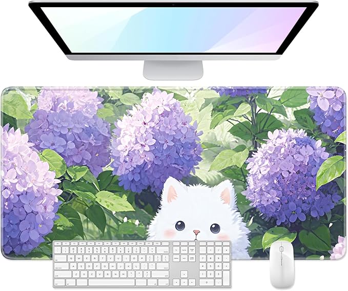 Desk Pad, 32" x 16" XXXL Extended Large Gaming Mouse Pad, Desktop Decor Desk Mat, Men Women Office Supplies and Accessories, Cute Anime Mouse Mat for Laptop & Keyboard, Purple Hydrangea Cat