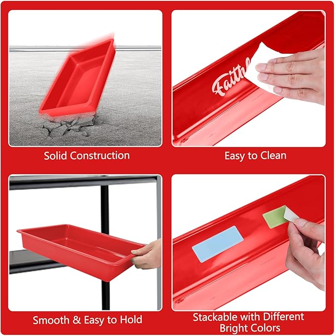 ShineMe 6 Pack Paper Trays for Classroom, Red Plastic Book Bins with Colorful Labels, Stackable Letter Size Storage Tray, Desk Organizer Tray for Home, School and Office