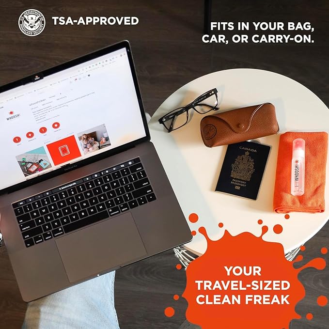 WHOOSH! Screen Shine Go - 1 fl oz Refillable Screen Cleaner Kit with Microfiber Cloth for MacBook, Phone, iPad & Eyeglasses - Powerful Streak-Free Cleaning - Pocket-Sized, TSA-Approved for Travel
