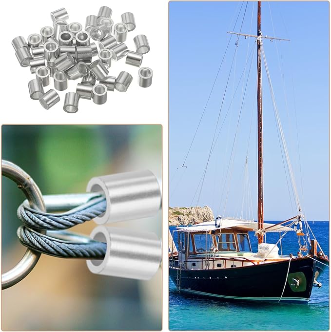 uxcell 5/16"(8mm) Aluminum Crimping Loop Sleeve, Wire Rope Stop Sleeve Round Crimp Ferrules for Wire Rope and Cable Ferrule, Silver 50Pcs