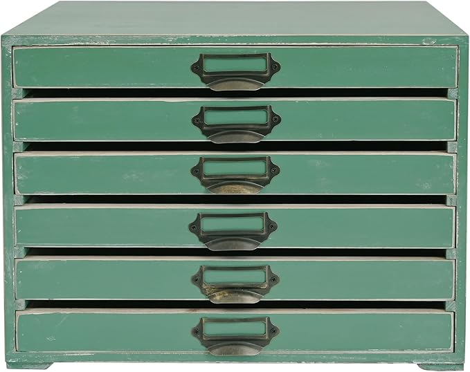Vintage 6-Drawer Wooden Desktop Organizer Cabinet, Rustic Distressed Wood Card Catalog Cabinet, Antique Storage Box for Jewelry Cosmetics Craft Paper Home Office Decor (Green)