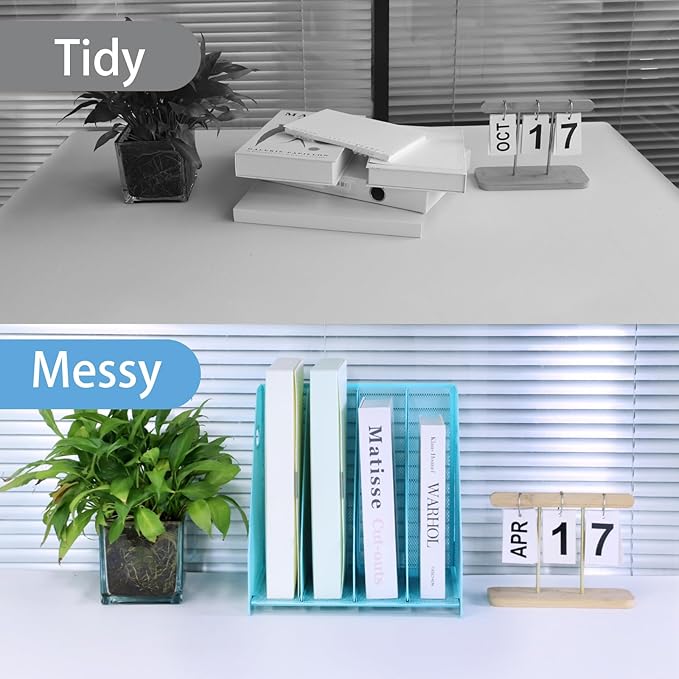 Desk Organizers Metal Magazine File Holder Racks Desktop Folder Storage Binder Organiser Document Organization for Home Office & Classroom,4 Vertical Compartments-Blue