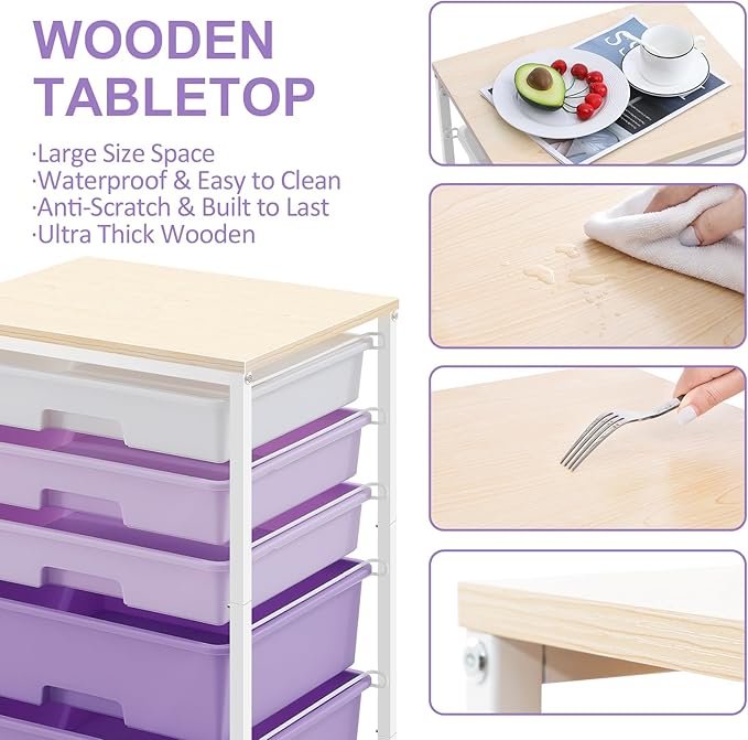 SYKIARIOL Utility Cart with 5 Drawers,Storage Drawer Cart with Wooden Tabletop and Lockable Wheels,Craft Storage Trolley Cart,5-Tier Rolling Utility Cart on Wheels,Purple