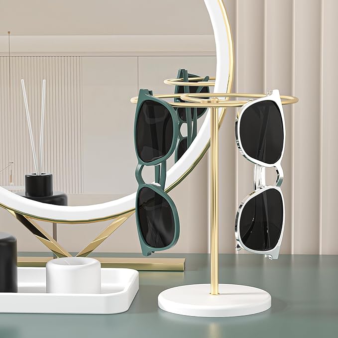 360° Rotating Sunglasses Organizer Stand, Eyewear Display Holder Stand, Eyeglasses Stand Rack for Nightstand Desk Bedroom or Shop Selling (Metal Frame+Acrylic Base) (Gold)
