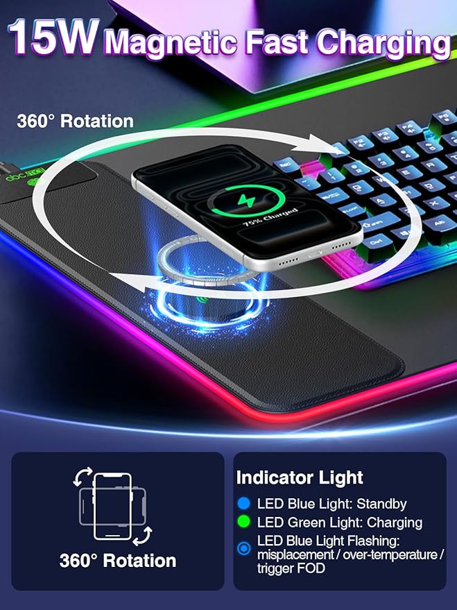 XXL RGB Gaming Mouse Pad with 15W Magnetic Wireless Charging, 31.5'' x 15.8'' Extra Large LED Mousepad, 24 Lighting Effects Desk Mat with Non-Slip Rubber Base, Waterproof Ultra-Smooth Surface