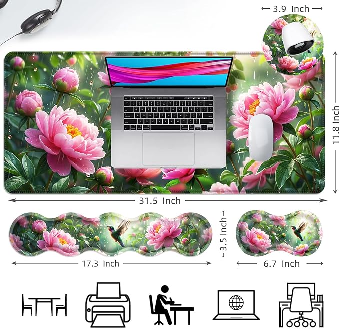 Ergonomic Mouse Pad Set with Wrist Support for Keyboard and Wrist Rest for Mouse, Memory Foam Comfort, Non-Slip Large Desk Mat for Home Office Pain Relief,Bird Pink Flower