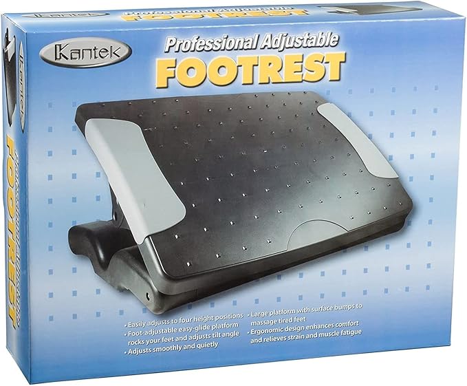 Kantek Ergonomic Adjustable Height Under Desk Footrest, 4 Height Setting, Adjustable Tilt Angle, Supports Legs to Enhance Comfort and Relieve Muscle Fatigue