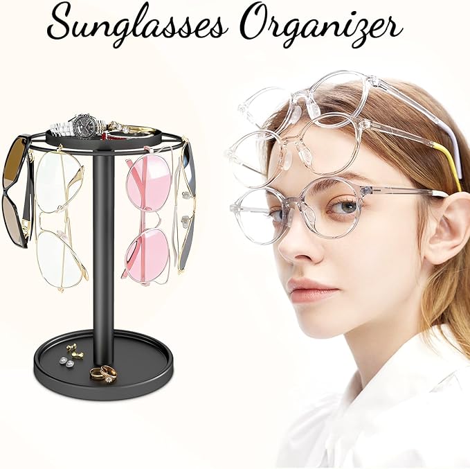 LSK 360° Rotating Sunglasses Organizer, Stainless Steel Glasses Holder Stand with Tray, Glasses Organizer with Storage Base for Dresser, Desk Table, Nightstand & Home Decor, Black